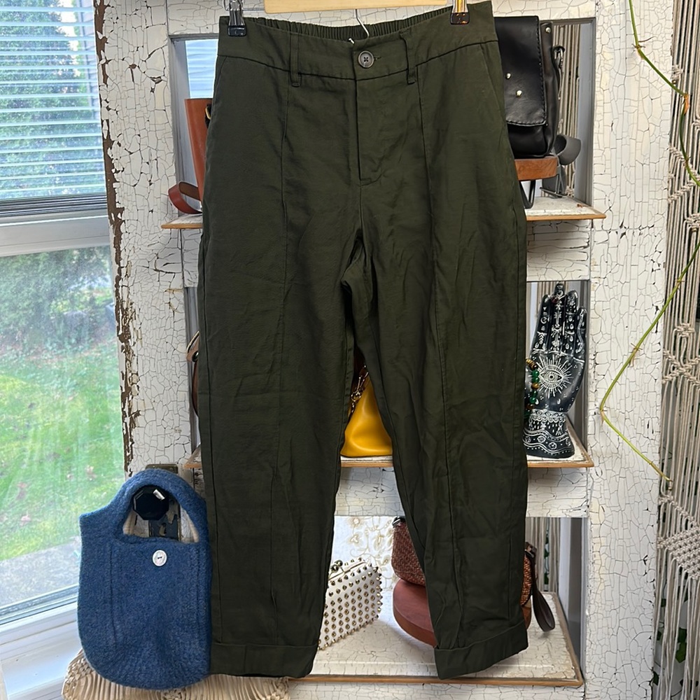 Army green trousers, size 4, elastic waist band, jogger style
